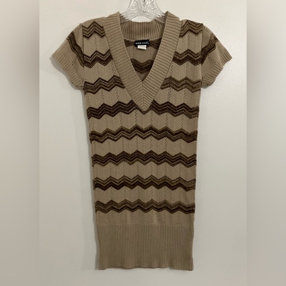 Wet Seal Y2K 90s Chevron Short Sleeve Brown Sweater V-Neck Preppy Small - Picture 1 of 6